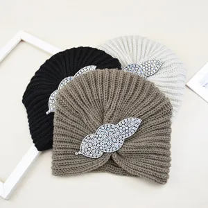 Knit turban hat with rhinestone leaf accessory, autumn winter warm pullover beanie cap detail