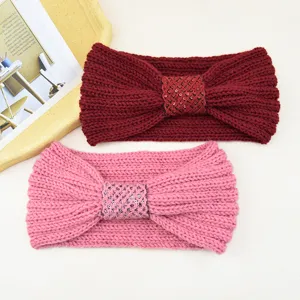 Knit sequin bow headband detail, warm woolen hair accessory, winter elastic ear warmer hair band