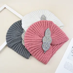 Chic rhinestone leaf knitted Indian hat, retro warm winter pullover cap for women.
