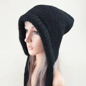 Solid color wool knitted pullover hat with long straps for women, warm and stylish winter beanie.
