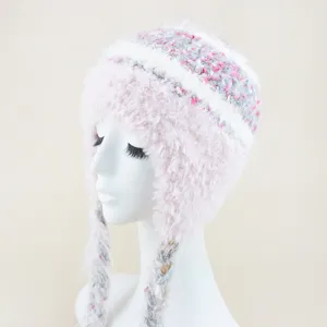 Fluffy winter knit hat with braids and earflaps, cozy fuzzy pink multi-color fleece beanie.