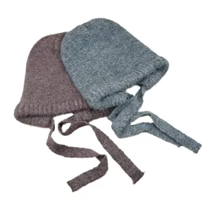 Minimalist solid color wool knit beanie with straps, warm winter pull-on hat for women.