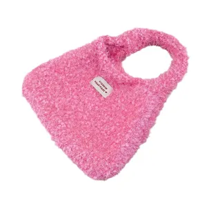 Borsa a mano in maglia soffice rosa da donna, borsa invernale morbida in morbida lana.