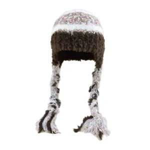 Women winter warm knit beanie hat with long braided tassels fluffy plush pullover cap stylish
