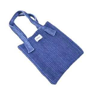 Μπλε πλεκτή τσάντα tote με κάθετες ρίγες casual καθημερινή γυναικεία κομψή τσάντα ώμου