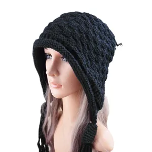 Berretto in maglia nera con trecce a frange retrò uncinetto griglia cappello caldo lana