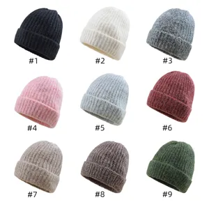 Solid color faux wool knit beanie hat winter warm cuffed ski cap daily casual headwear