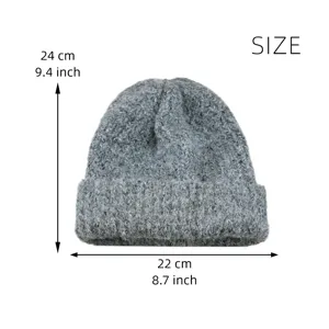 Solid color imitation wool knitted beanie winter warm hat with size details for outdoor sports.