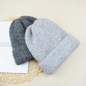 Solid color imitation wool knitted hat winter warm cuffed beanie for women and men grey