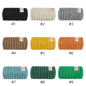 Vintage ribbed knit headband with cute smiley patch, elastic wool hair band for daily wear.