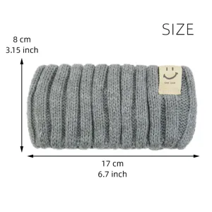 Grey knitted headband for women, soft elastic winter hair band with cute smiley face detail.