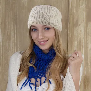 Beige knitted wide headband detail shot, silver thread winter warm ear warmer hair accessory