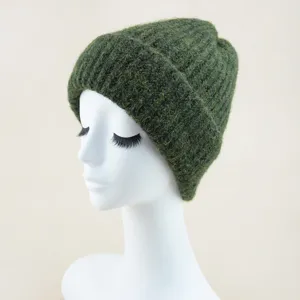 Dark green knitted beanie hat warm winter solid color woolen ski cap for women and men