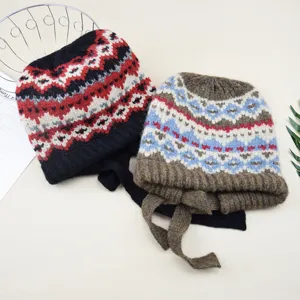 Damen Winter warm Strick Beanie Mütze Rautenmuster Pullover Kappe mit Bändern weich gemütlich