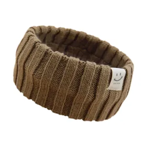 Brown ribbed knit headband with cute smiley face tag, soft winter hair band for daily wear.