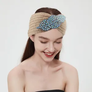 Knitted rhinestone leaf headband, casual wool hair accessory for yoga, face washing, and daily wear.
