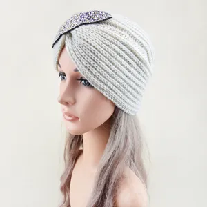 Women's rhinestone leaf knitted turban hat stylish warm winter slouchy beanie cap for ladies