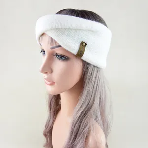 White mohair knit twist headband ear warmer detail view, cozy winter hair accessory.