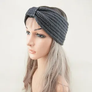 Dark grey knitted headband with sequins and knot design, elastic warm hair accessory.