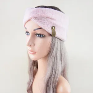 Pink knitted cross headband detail, cozy mohair winter warm ear warmer hair accessory.