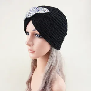 Black knit turban hat for women autumn winter warm beanie with crystal leaf accessory detail view