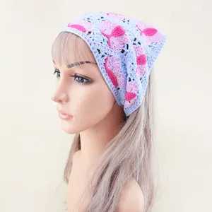Bandeau bandana en tricot avec motif cœurs, accessoire de cheveux style pastoral français pour femmes.