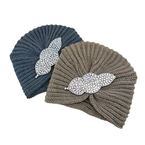 Womens rhinestone leaf knitted turban hat, cozy warm winter retro ethnic pullover cap
