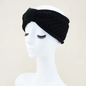 Bandeau tricoté noir hiver chaud chauffe-oreilles nœud bandeau confortable doublé en polaire