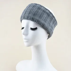 Grey ribbed knit headband winter warm wide hair band fleece lined ear warmer hair accessory