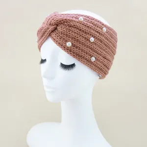 Fascia per capelli in maglia di perle da donna, comoda fascia elastica invernale con perle.