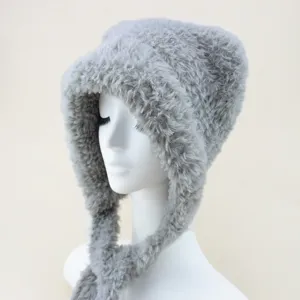 Grijze pluche berenoren muts winter warme donzige oorflap hoed outdoor schattige muts