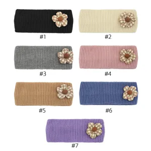 Detailed view of knitted winter headbands with cute plaid flowers, assorted colors available.