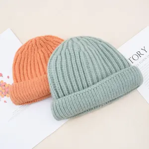 Kinderen wollen gebreide mollenmuts herfst winter effen kleur warme opgerolde muts