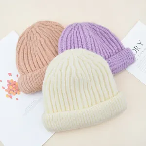 Kinderen snoep kleur gebreide muts herfst winter warme effen kleur opgerolde rand muts