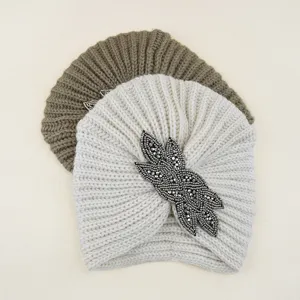 Gorro turbante de punto con cuentas para mujer, gorro de invierno cálido con cristales.