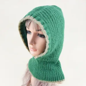 Pasamontañas de punto verde invierno calido color solido gorro pullover para mujer
