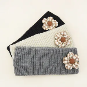 Knitted headband with plaid flower, warm winter hair accessory, cozy vertical stripe hair band.