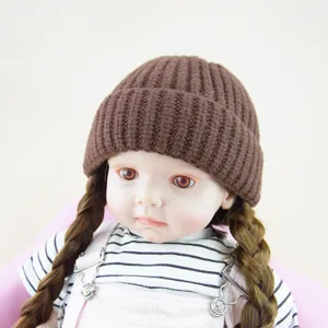 Brown toddler knit beanie hat, chunky wool warm cap for autumn and winter baby daily wear.