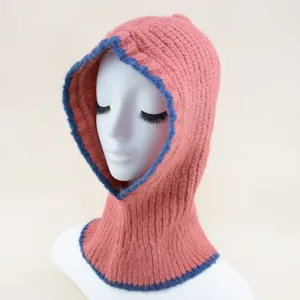 Pasamontañas de punto rosa con borde azul, gorro bufanda de invierno cálido para deporte.