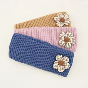 Knit headband set with plaid flower decor, cozy winter hair accessories for daily wear.