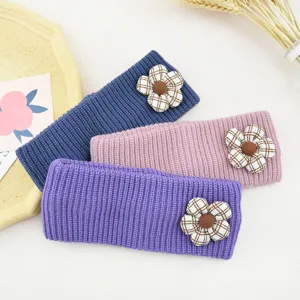 Knitted headband set with plaid flower decor, vertical stripe winter hair accessories.