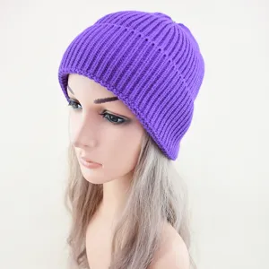 Berretto in maglia a coste viola per donna uomo inverno caldo cappello risvolto tinta