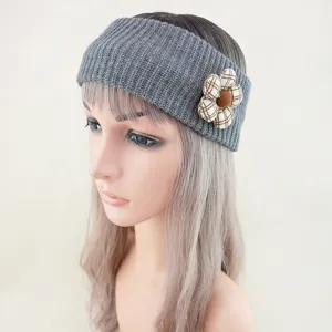 Grey knit headband with plaid flower detail, warm winter hair accessory for women daily wear.