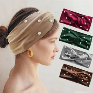 Damen Vintage Samt Kreuzknoten Stirnband Mit Künstliche Perle Einfarbig Breites Haarband Ohrenwärmer Für Gesichtswaschen Yoga