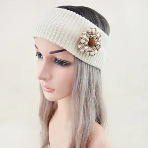 Knit headband with fabric flower, off-white ribbed winter ear warmer hair accessory.