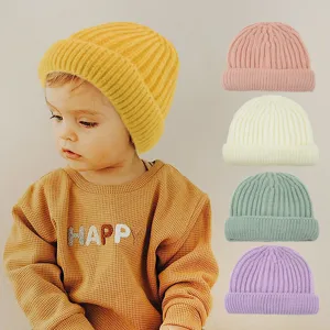 Kinderen Acryl Gebreide Muts Snoepkleur Effen Kleur Gerolde Rand Randloos Warme Pet Voor Herfst Winter Peuter Jongen Meisje Accessoire