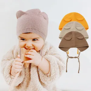 Schattige Baby Oren Gebreide Muts Winter Warm Gehaakte Muts Met Strikbanden Effen Kleur Voor Peuters Jongens Meisjes Pullover Muts