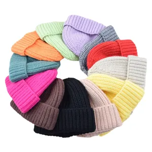 Kids chunky knit beanie winter warm colorful solid pullover hat for children daily wear