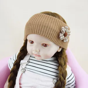 Knitted headband for women kids, brown vertical stripe hair band with plaid flower accessory.
