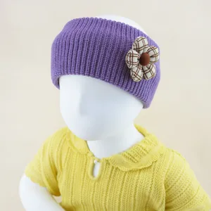 Purple knitted headband with plaid flower accessory, warm and stylish wool hairband for daily wear.